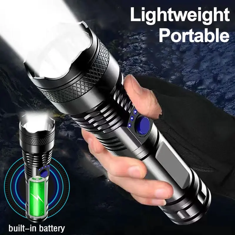 Đèn pin LED, Mạnh mẽ, Có Thể Sạc Lại USB, với màn hình hiển thị năng lượng pin, đèn pin không thấm nước, để cắm trại, câu cá, săn bắn 7