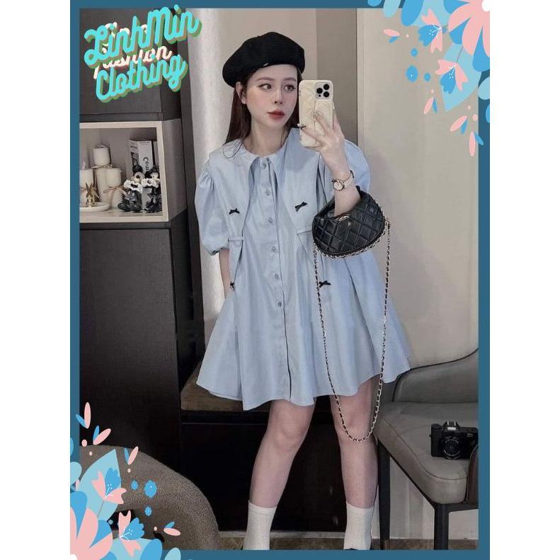 váy babydoll cổ nhọn đính nơ đen tay bồng đầm nữ thô đũi dáng suông LinhMin V179