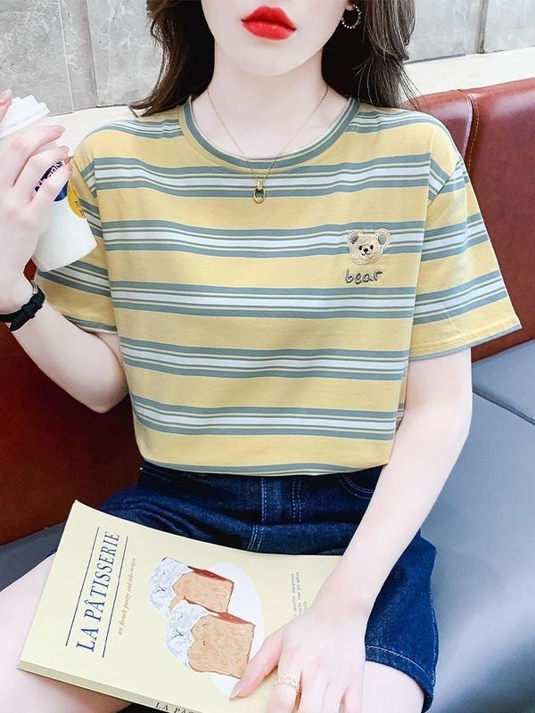 (MẪU MỚI) Áo thun sọc ngang logo thêu gấu Bear T081 Nữ Top Women Cổ Tròn 2