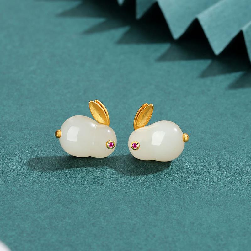 Hetian Jade Hare Pendant S925 Silver Plated Cute Jade Hare Ear Stud Necklace Bracelet Ring Fairy Jewelry Suit 7