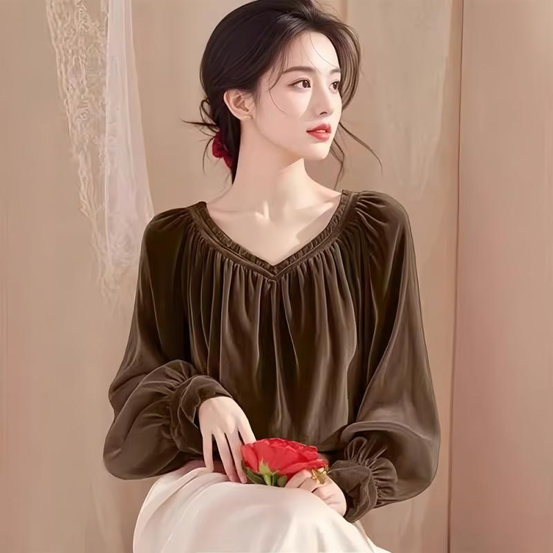 Áo Sơ Mi Dài Tay Nhung Màu Cà Phê Cổ Điển Phong Cách Pháp, Dành Cho Nữ, Hàng Mới Về Mùa Thu 2025, Phong Cách Ngầu Phổ Biến Áo Sang Trọng Độc Đáo, Thích Hợp Cho Phong Cách Đi Làm Đơn Giản 1