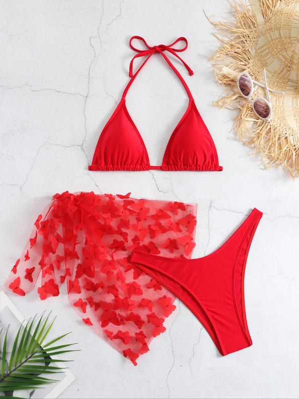Women's Butterfly Appliques Sheer Bikinis for Summer, Swimsuit Sets, Bathing Suits 2024 for Women Summer, Halter Triangle Swim Bra & High Cut Swim Panty & Knot Side Cover Up Skirt, Summer Tummy Control Swimwear for Beach Holiday 4