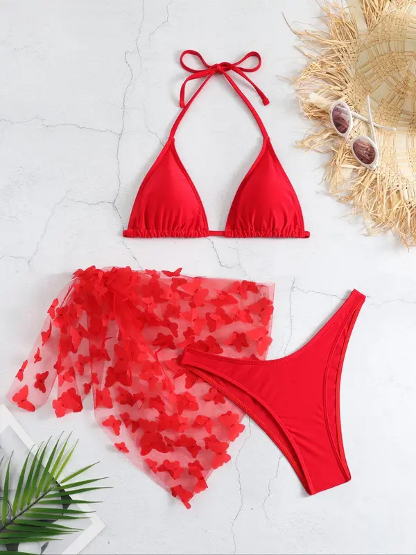 Women's Butterfly Appliques Sheer Bikinis for Summer, Swimsuit Sets, Bathing Suits 2024 for Women Summer, Halter Triangle Swim Bra & High Cut Swim Panty & Knot Side Cover Up Skirt, Summer Tummy Control Swimwear for Beach Holiday 4