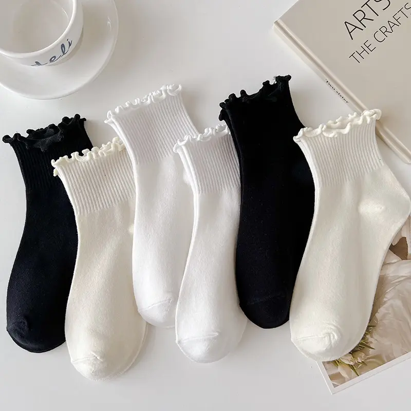 Female Japanese Spring/Summer Rolled Edge Boat Socks ins Loose Mouth Student Socks Solid Color Wood Ear Edge Light Mouth Female Socks women  socks Womenswear Cute Stocking Lingerie White Comfort Basic Black Minimalist Winter