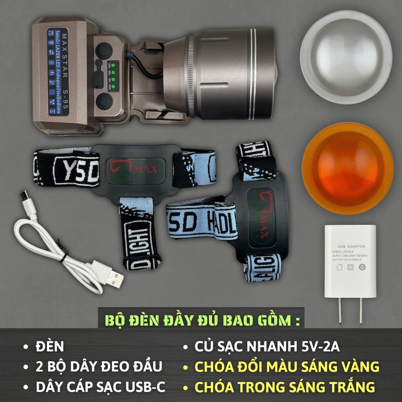 Đèn pin đội đầu siêu sáng MAX STAR S95 zoom xa gần công suất cao 42W soi xa 1200 mét siêu pin trâu dendo ida đènpin