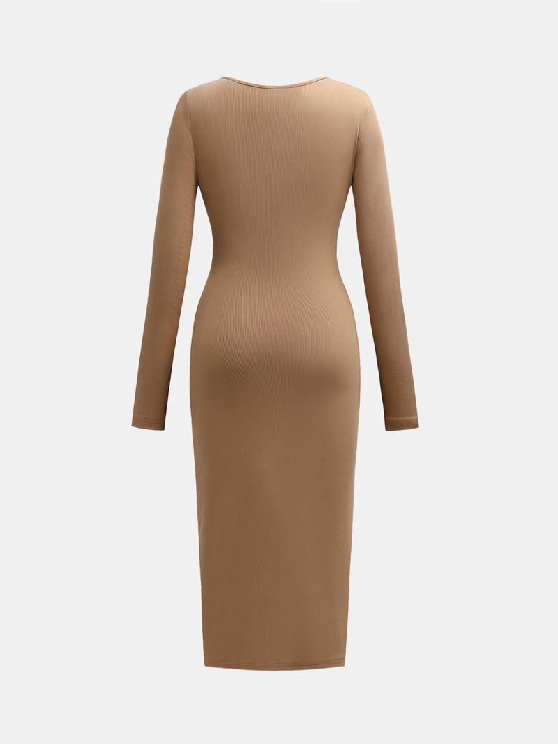 Product Introduction of YOZY Women's Plain Knot Front Wrap Ribbed Midi Dress, Casual Long Sleeve V Neck Dress for Daily Wear, Ladies Clothes for All Seasons 13