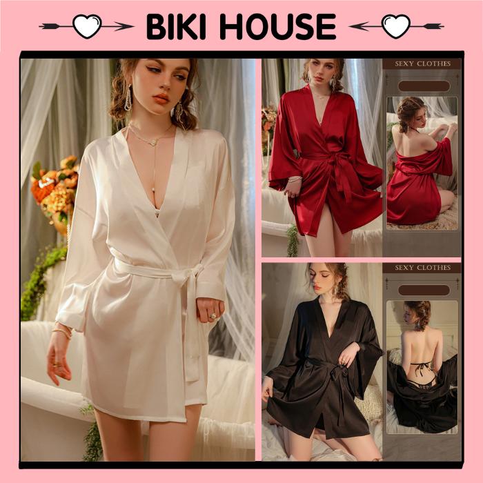 Áo choàng ngủ lụa tay dài cao cấp sang trọng áo khoác ngoài nữ kèm đai mềm mại quyến rũ BIKI HOUSE N191