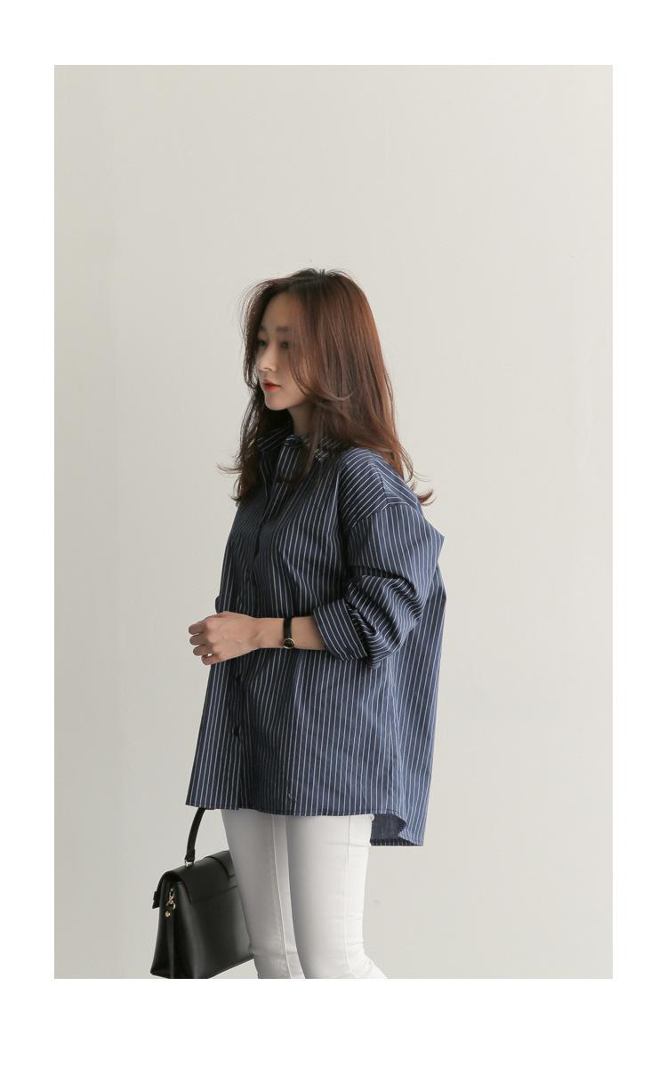 Product Introduction of 2023 Spring/Summer New Mid length Versatile Loose Blue Vertical Stripe BF Large Long Sleeve Shirt Women's Summer Han Style Top Blouse 5