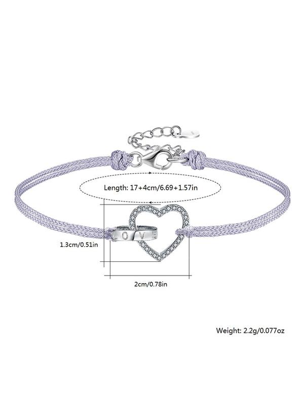 925 Sterling Silver Hollow Out Heart Charm Bracelet, Fashionable Rhinestone Decor Adjustable Bracelet for Women & Girls, Fashion Jewelry for Party, Daily Clothing Decor, Trendy All-match & Exquisite Jewelry for Birthday Gift 2