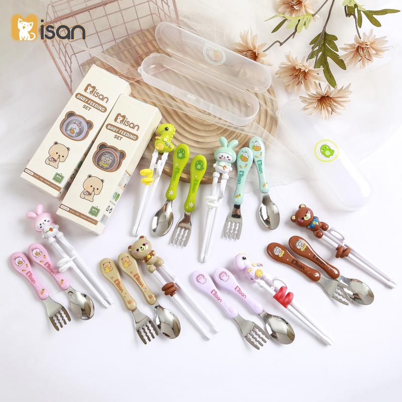Combo bộ thìa dĩa, đũa cho bé tấp ăn Misan kèm hộp đựng, bộ thìa dĩa inox cho bé Kem hộp