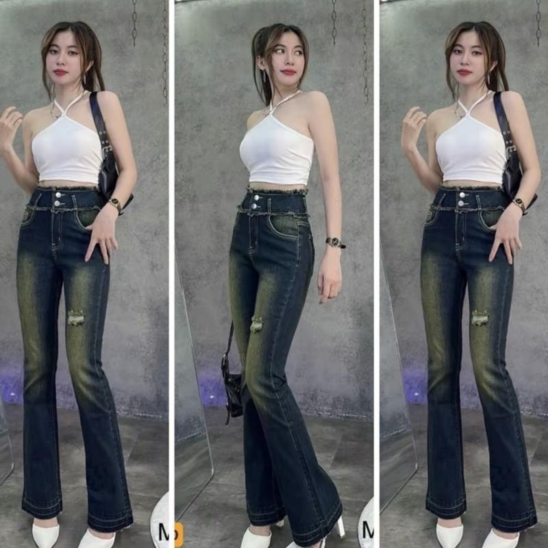 Quần jeans nữ ống loe co giãn lưng cao bản to, quần bò jean nữ ống loe phủ màu bụi rách nhẹ Hottrend TH38