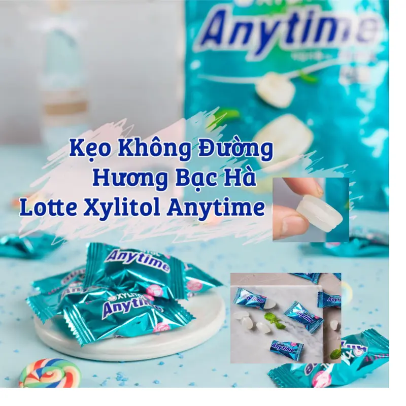 1 viên kẹo không đường xylitol bạc hà Lotte Anytime 60gr( Sugar free), đồ ăn vặt ăn kiêng ngon rẻ. 5