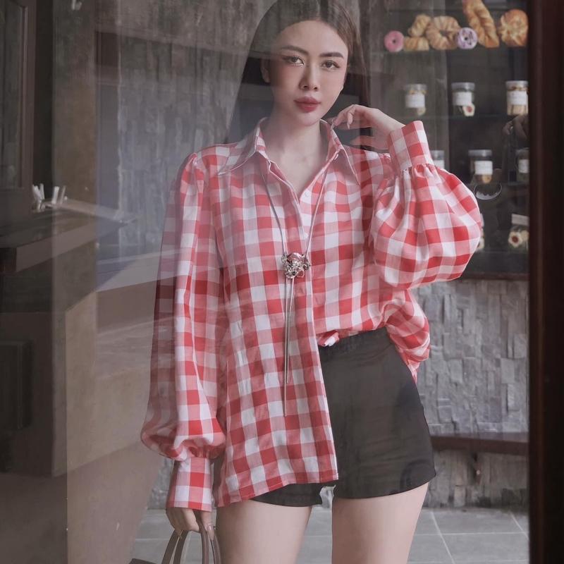  Áo somi kẻ đỏ xanh tay bồng HangTong Qc Women 