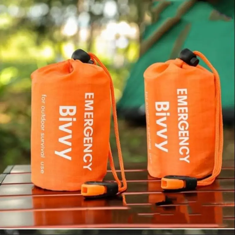 Emergency Sleeping Bag, 2 Counts Portable Thermal Bag, Waterproof Lightweight Emergency Blanket Survival Kit with Compass & Whistle, Ideal for Camping Hiking