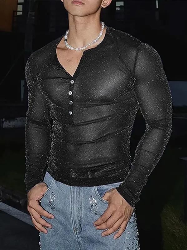 Men's Sexy Tops Sparkling Fabric T-shirts for Party Nightclub,Fashion See-through Mesh Thin Long Sleeve Tee for New Year Christmas 3