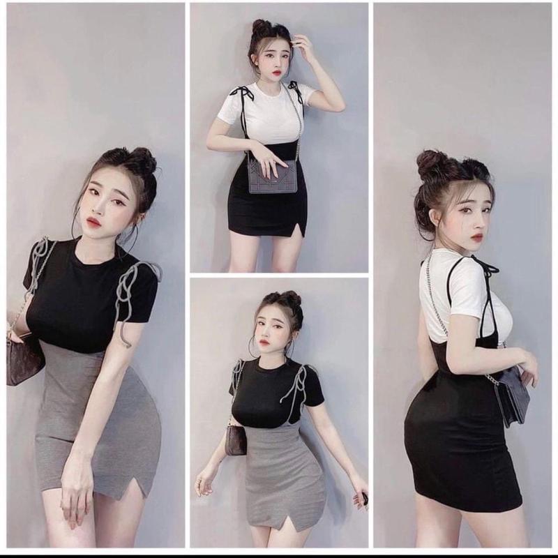 Sét bộ yếm nữ thời trang mặc đi chơi chất cotton dày hai dây thắt nơ ôm éo váy chữ A xẻ trước kèm áo thun cổ tròn xinh xắn Kem Top aa6