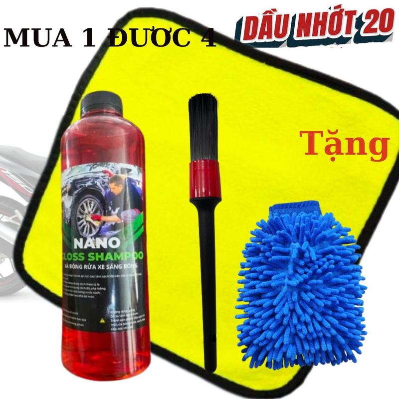 Combo 4 món rửa xe tại nhà xà bông rửa xe 1 lít + khăn lau xe 2 mặt vàng xám 3M + găng tay san hô rửa xe + Cọ cán đen