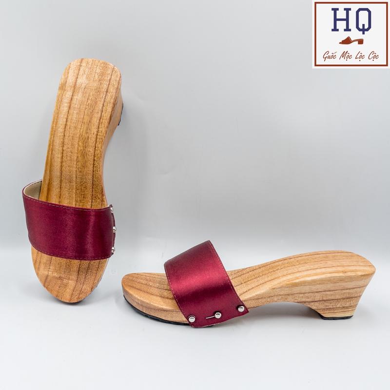  Guốc gỗ mũi tròn 5 phân dép gỗ đế xuồng quai lụa Thanh Anh guốc mộc mặc áo dài tứ thân bà ba yếm đồ lam đi chùa phụ kiện chụp ảnh 