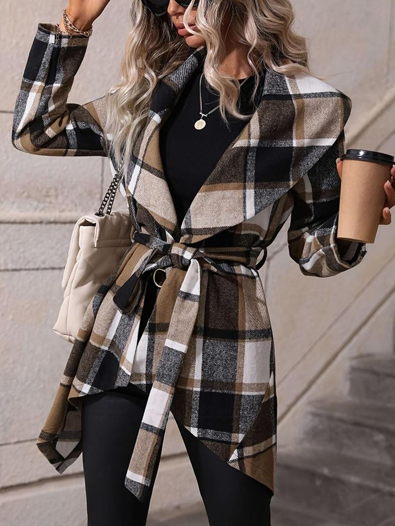 Product Introduction of Women's Plaid Print Belted Asymmetrical Hem Coat, Elegant Long Sleeve Waterfall Collar Outerwear for Fall & Winter, Women's Clothing for Daily Wear 6