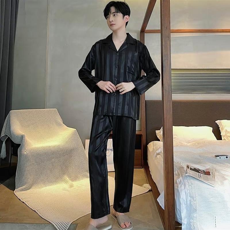 Bộ đồ ngủ nam nữ , bộ lụa xuân thu dài tay sọc đen  chất lụa cao cấp Áo Nhung 4