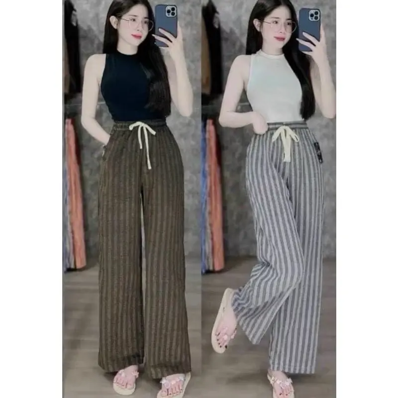 Quần Ống Suông Kẻ Sọc Lưng Chun Cạp Cao Phom Rộng Thu Đông Women Ong Thun 1