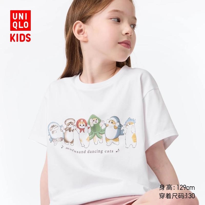 Áo Thun Ngắn Tay In Hình Mofusand, Dành Cho Bé Gái Uniqlo, Với Bức Tranh Minh Họa Mèo Dễ Thương, 24 Phong Cách Mới, 471290 0
