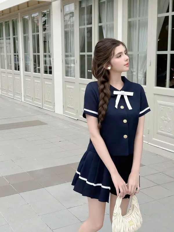 Set Váy Dạ Tex Cổ Sen Phối Nơ Xinh Mix Chân Váy Xếp Li Sang Chảnh, Tiểu thư, Fiona Set- SET14 [LALA DESIGN], [S-XXL] Nữ Women 5