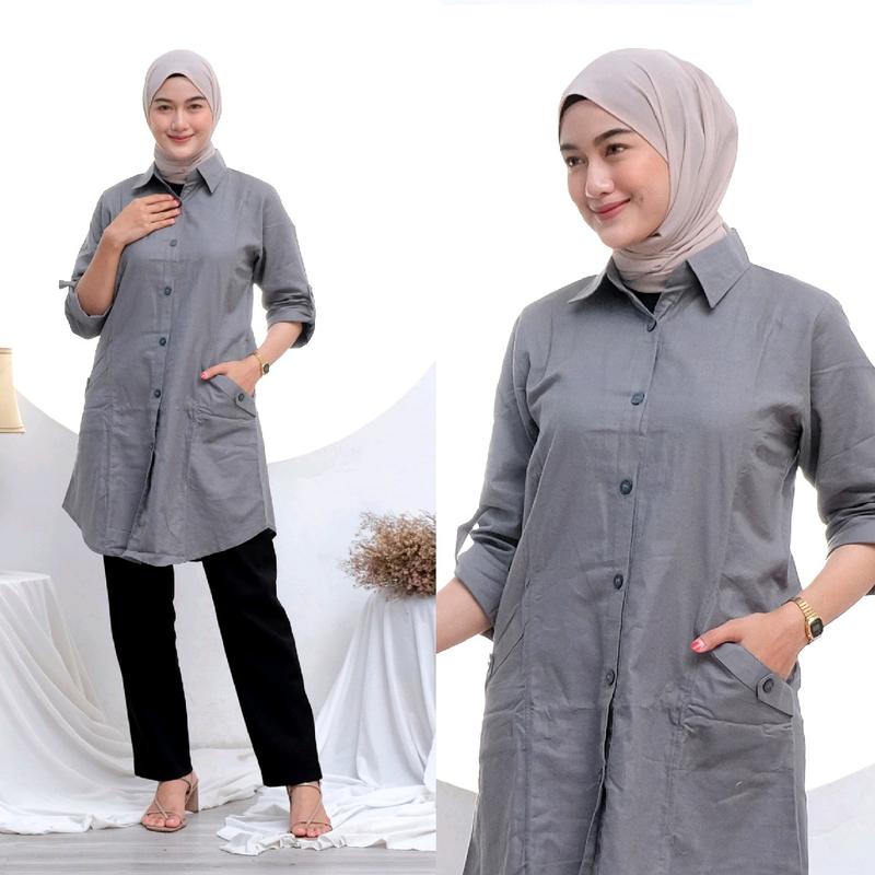 Tuni Polos Katun Linen Adem  Model Kekinian Kancing Nyaman Panjang Muslim tunik oversize 2