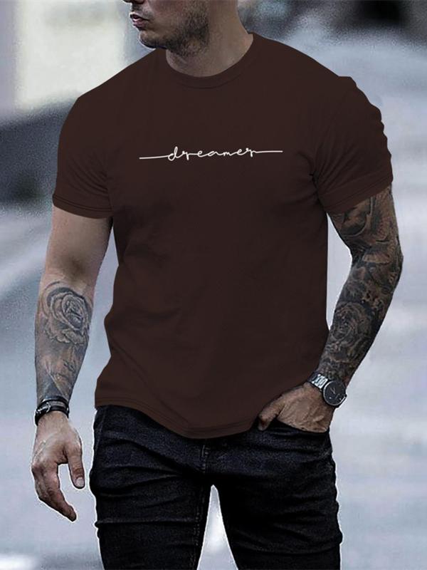 Men's Letter Print Round Neck Tee, Regular Fit Casual Short Sleeve Crew Neck T-Shirt for Summer, Fashion Men's Top for Daily Wear 2