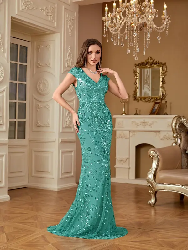 Women's Contrast Sequins Mermaid Evening Dress, Elegant V Neck Evening Party Gown, Ladies Clothes for All Seasons, Womenswear 2