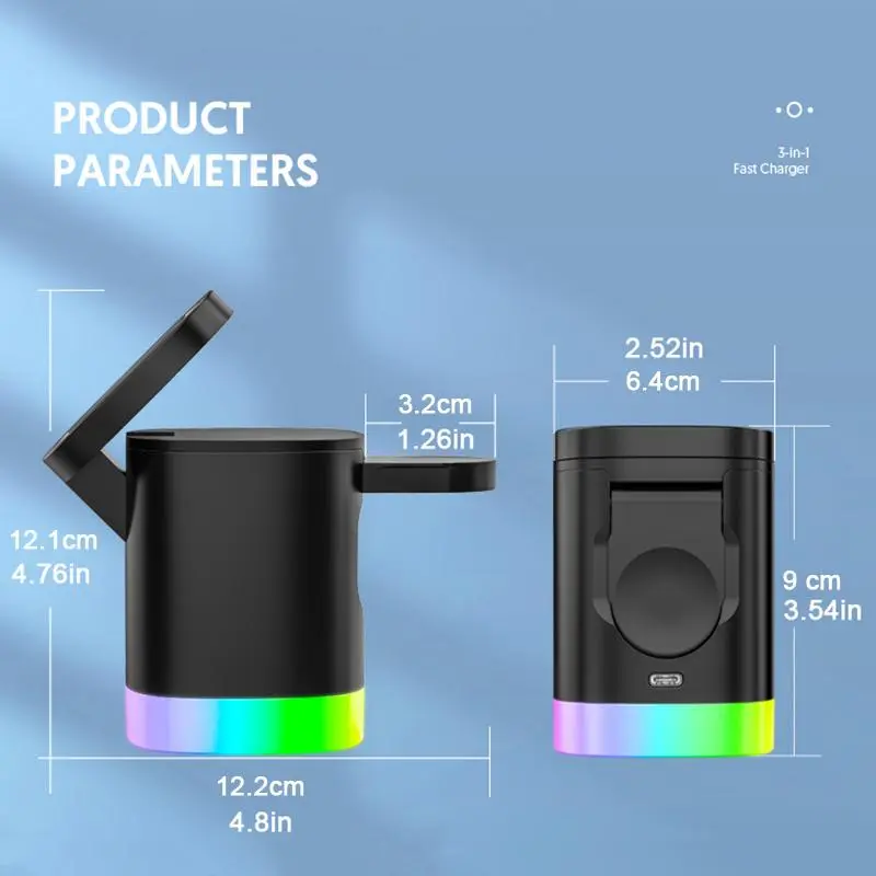 3 in 1 Wireless Charger, 1 Count Multifunctional Portable Wireless Charging Station with Ambient Light, Magnetic Charging Station for iPhone 16/15/14/13/12, AirPods 4-2, Apple Watch 2-10/Ultra 1