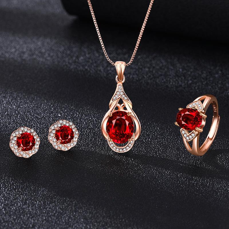 Product Introduction of Live Hot Sale Ruby Diamond Jewelry Suit Flower Design Ring Pigeon Blood Red Tourmaline Ear Stud Pendant Necklace 0