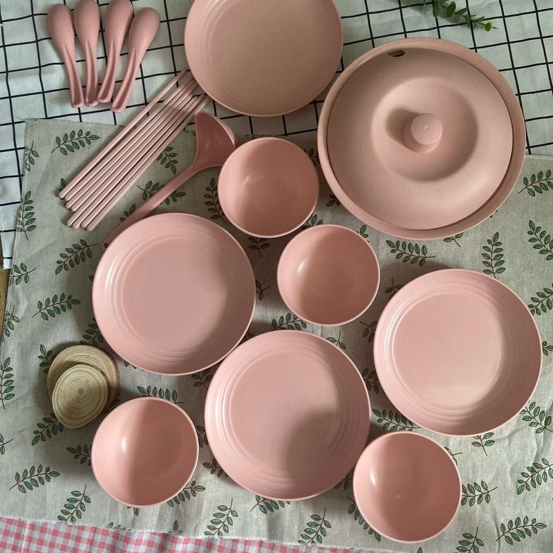 Combo Chén Bát Đĩa muỗng đũa tròn lúa mạch , đĩa đựng đồ ăn, trang trí thức ăn chi tiết 18 món như hình