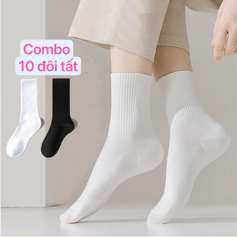 Sét 10 đôi Tất trắng đen nam nữ cổ cao cổ trung cổ ngắn chất liệu cotton