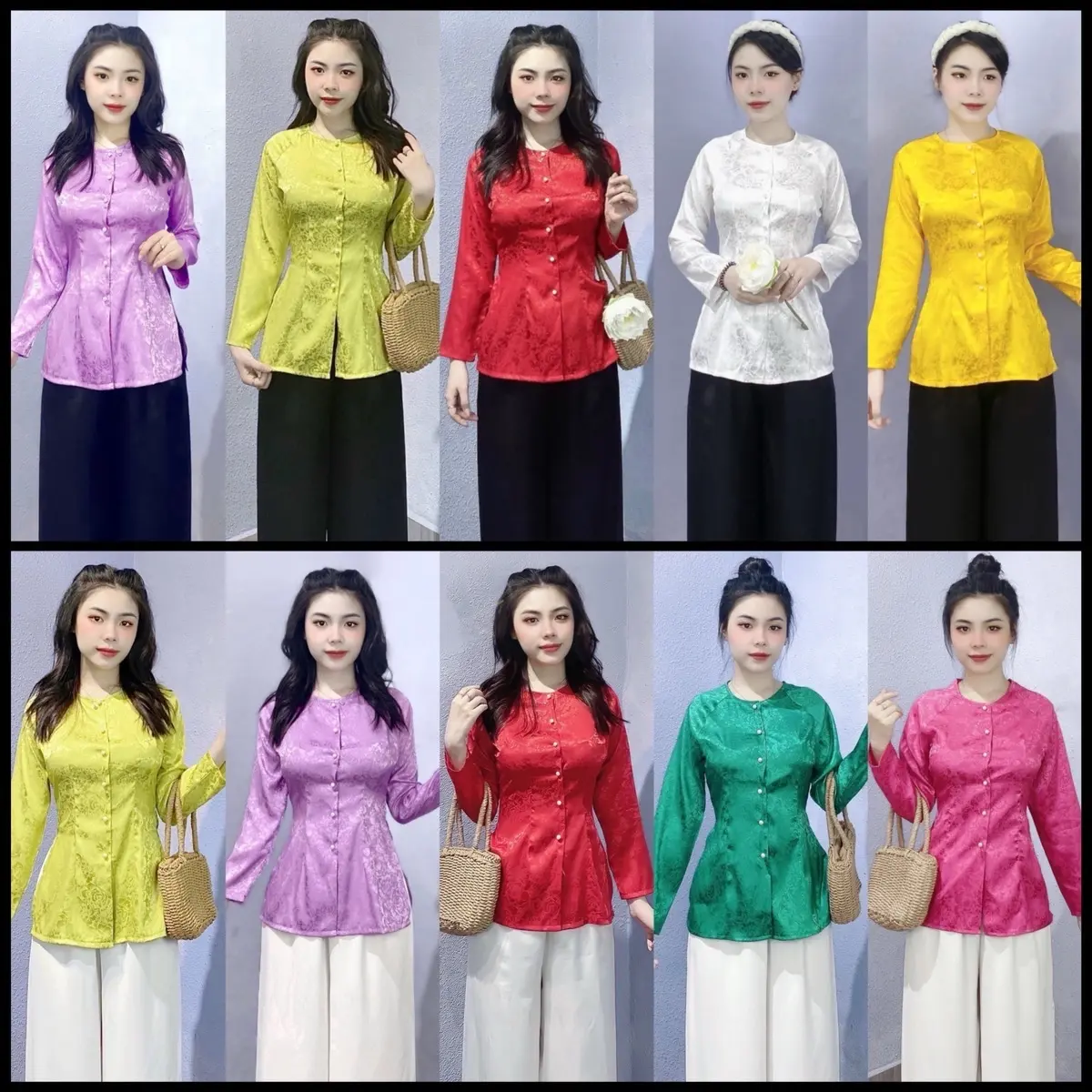 CẢ BỘ BÀ BA GẤM TAY DÀI CỔ TRÒN PHỐI QUẦN LỤA SATIN TRƠN MỀM LƯNG THUN