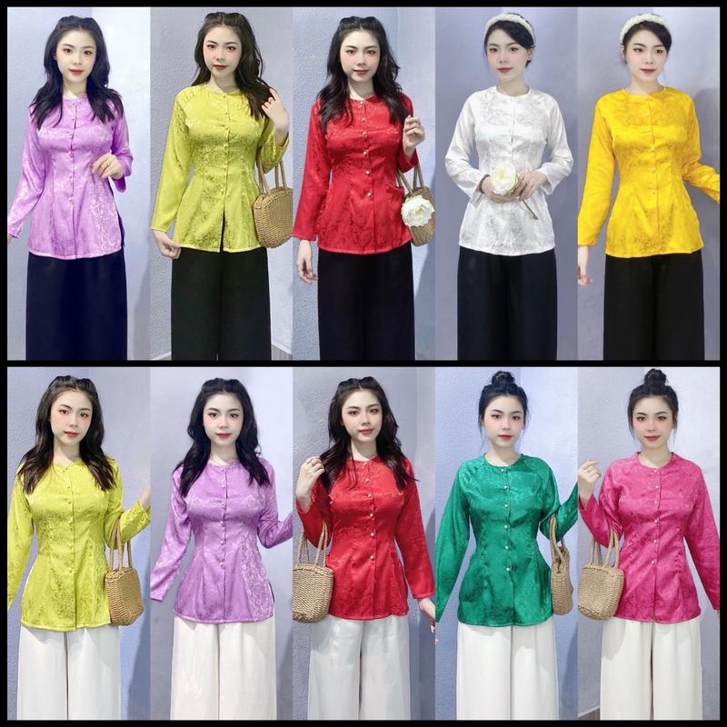 CẢ BỘ BÀ BA GẤM TAY DÀI CỔ TRÒN PHỐI QUẦN LỤA SATIN TRƠN MỀM LƯNG THUN