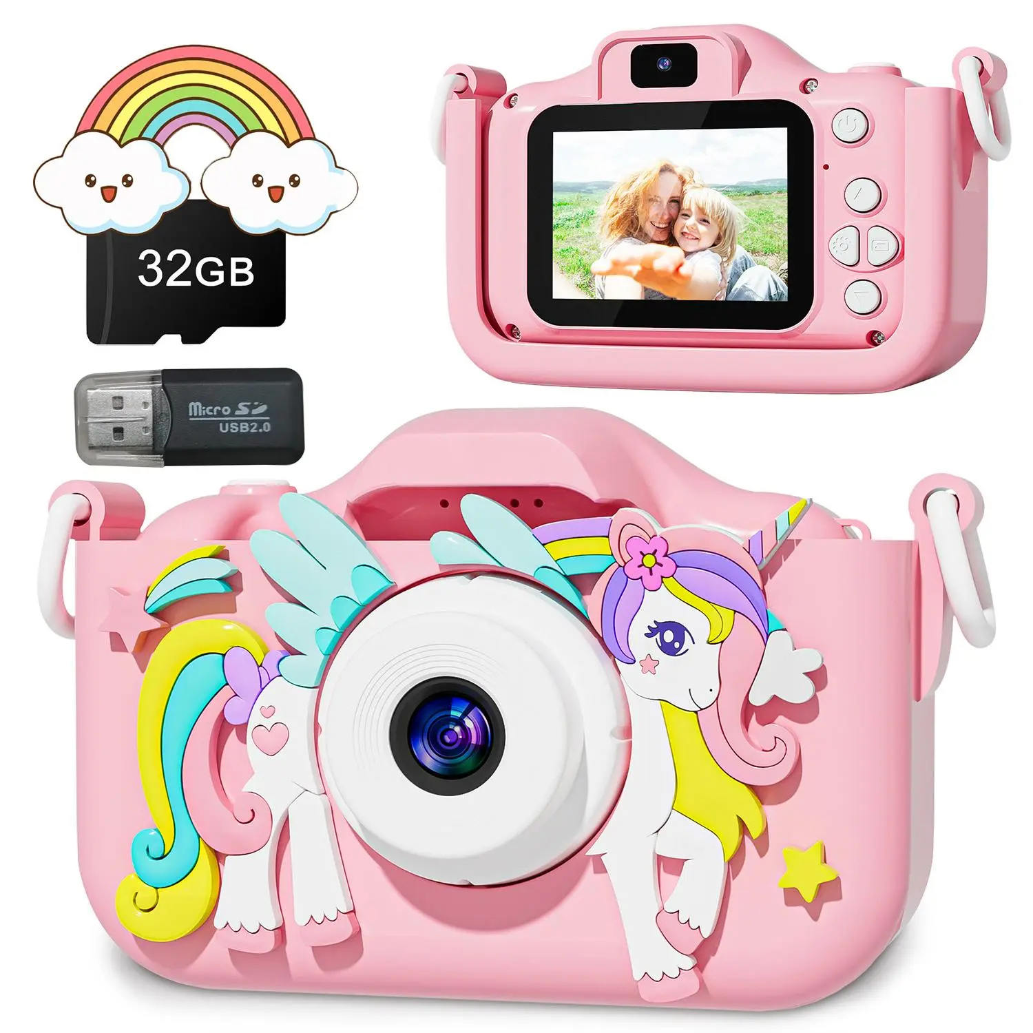 Unicorn Design Digital Camera, 1 Count Cute Camera with 32GB SD Card & Card Reader, Birthday Gift