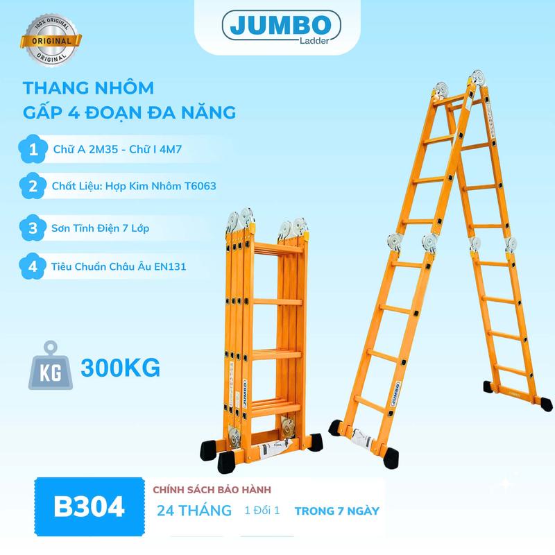 Thang nhôm gấp 4 đoạn JUMBO B304, chữ A cao 2.35m, chữ I cao 4.7m, 14 tư thế sử dụng, tải trọng 300kg