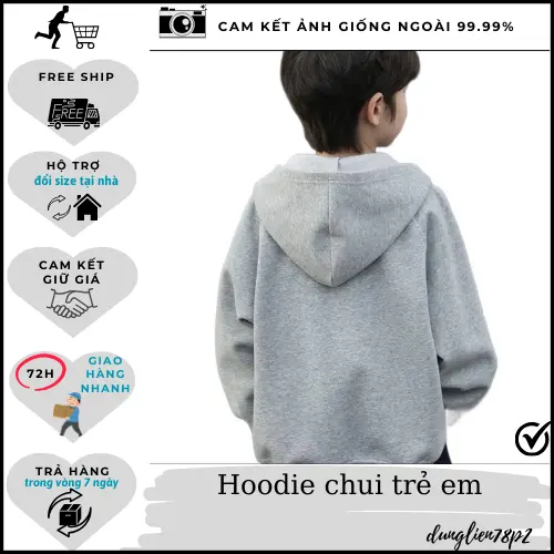 Áo khoác hoodie trẻ em chui đầu nỉ bông cho bé từ 20-45kg với nón, nhiều màu sắc và size