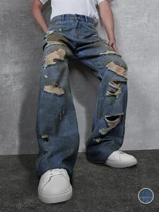 Men's Loose Ripped Straight Leg Jeans, Casual Comfy Pocket Button Fly Denim Pants for Daily Wear, Fashion Men's Bottoms for All Seasons