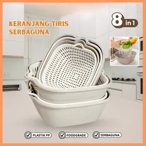 Baskom Saringan Sayuran Buah Peniris Air 8 in 1 Keranjang Tiris Serbaguna Plastik  Foodgrade 8 Variasi Ukuran Praktis & Higienis