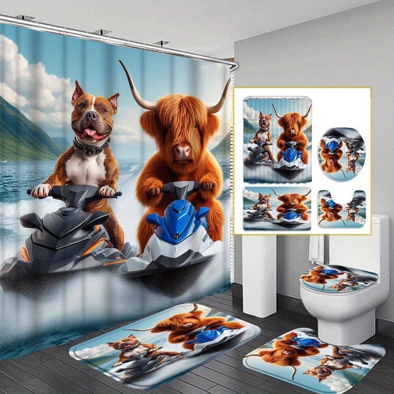 Western Cow Pattern Bathroom Decorations, 4 Counts/set Including Shower Curtain & Toilet U-shape Mat & Bathroom Mat & Toilet Lid Cover, Bathroom Accessories 0