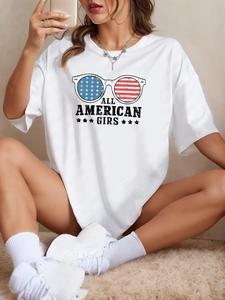 ImprinTee Women's Letter Glasses Print Round Neck Tee, Star & Striped Print Short Sleeve T-shirt, Casual Crew Neck Tee for Summer