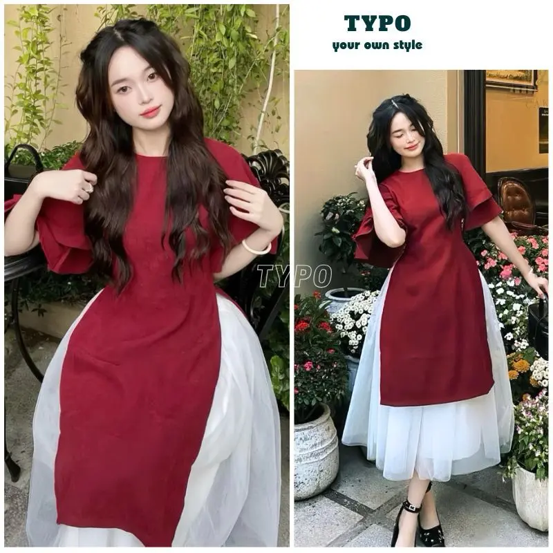 Set áo dài cách tân nữ , Set áo dài cách tân nữ cổ tàu tay lửng dáng rộng tay xòe bồng chất nhung sang chảnh