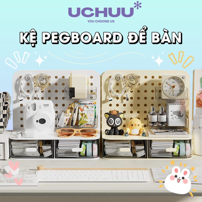 Tủ Bảng Lỗ Uchuu Kệ Pegboard Để Bàn, Kệ Mini Có Ngăn Kéo Trong Suốt Để Đồ Bàn Học, Bàn Làm Việc