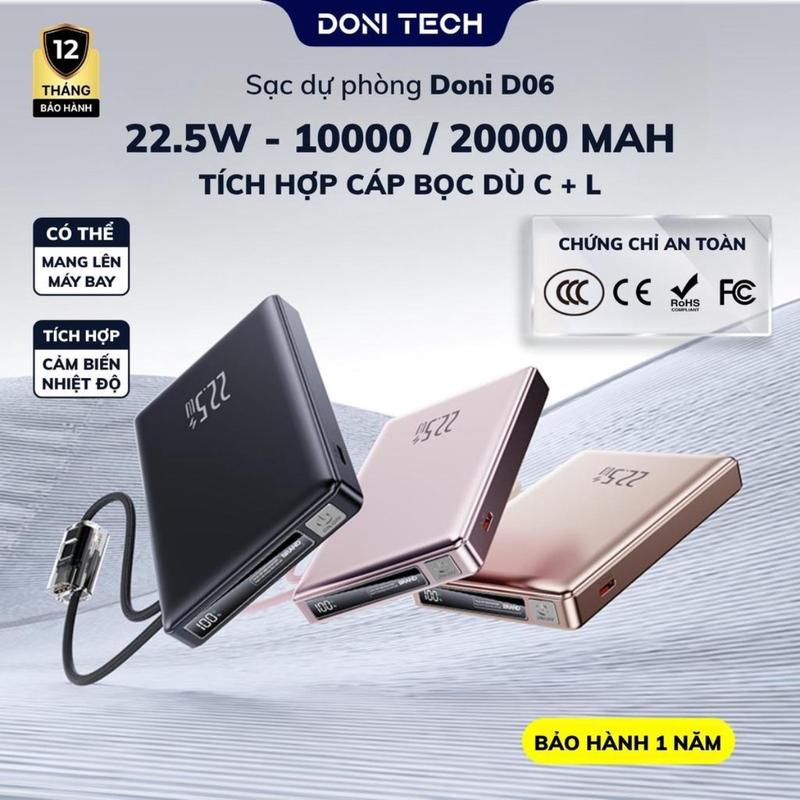 [Ship 1-2 Ngày] Sạc Dự Phòng 10000mAh 20000mAh Doni D06 Công Suất 22.5W Tích Hợp Dây, An Toàn Trên Máy Bay