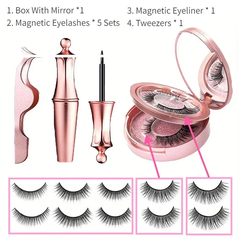 Reusable False Magnetic Eyelashes with Eyeliner & Tweezers, 5 Pairs Fluffy Eye Strip Lashes, Natural Curling Strip Lashes, Soft and Curl Fake Lashes for Women, Summer Makeup, Valentine's Day Gift, Cosmetic, DIY 6