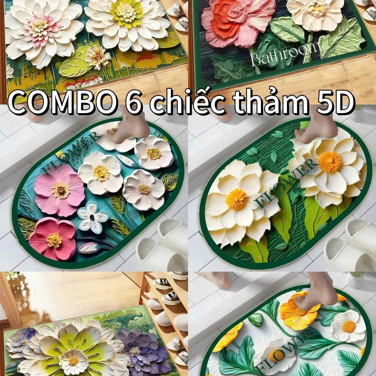 COMBO 6 chiếc thảm lau chân hình hoạ tiếc hoa 5D .40x60 ( 6 HÌNH HOẠ TIẾT HOA NGẪU NHIÊN )