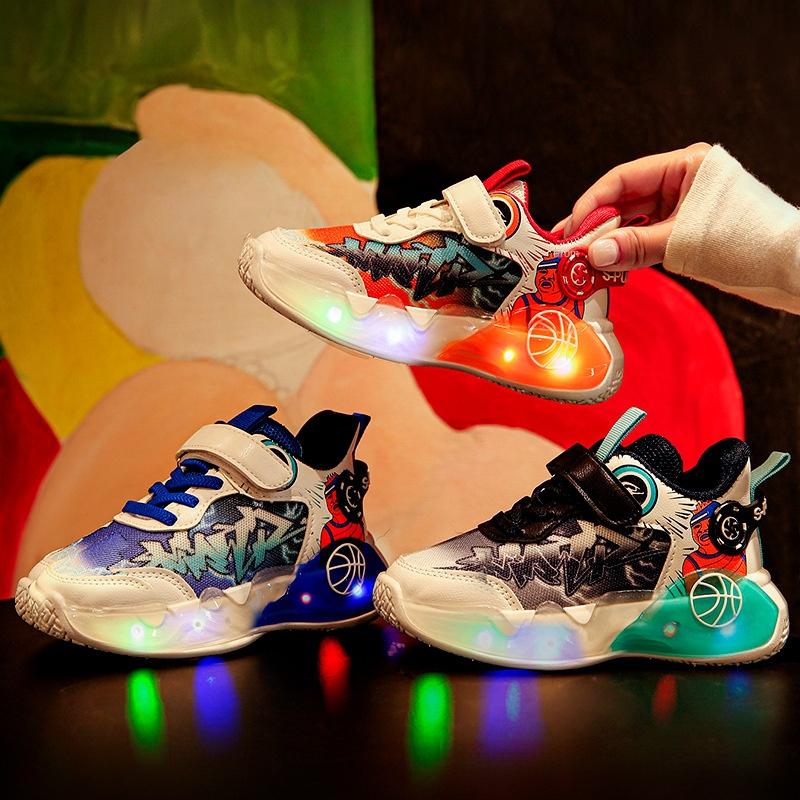 Product Introduction of Boys Running Shoes Spring and Autumn New LED Light Breathable Mesh Basketball Sneaker Luminous Leisure Light Shoes 1