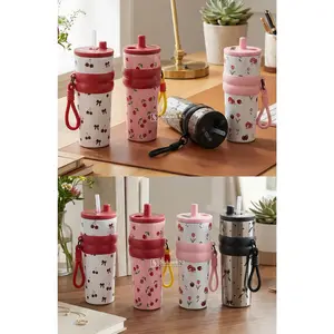 Tumbler AB19 710ml | Botol Minum Sedotan Karakter Cherry & Bow dengan Rubber Grip Anti Slip & Strap